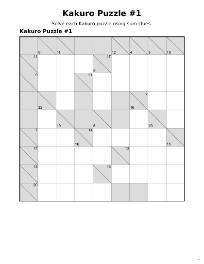 Kakuro 9x9 Medium - 12 puzzles PDF preview