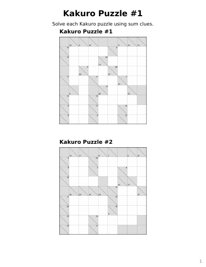 Kakuro 9x9 Medium - 12 puzzles PDF preview