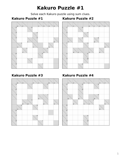 Kakuro 9x9 Medium - 12 puzzles PDF preview
