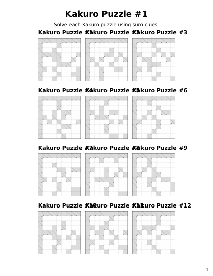 Kakuro 9x9 Medium - 24 puzzles PDF preview