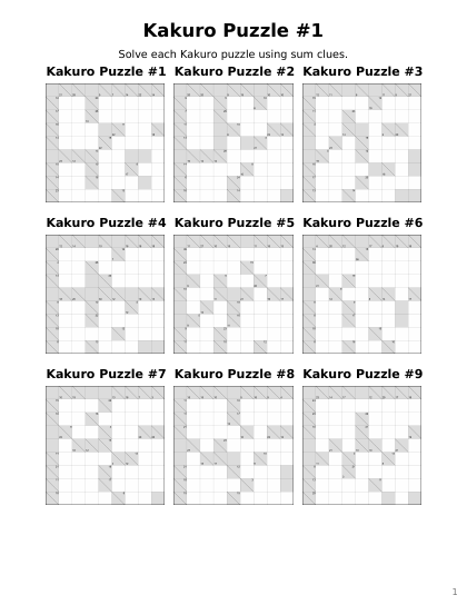 Kakuro 9x9 Medium - 24 puzzles PDF preview