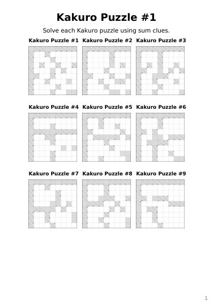 Kakuro 9x9 Medium - 9 puzzles PDF preview