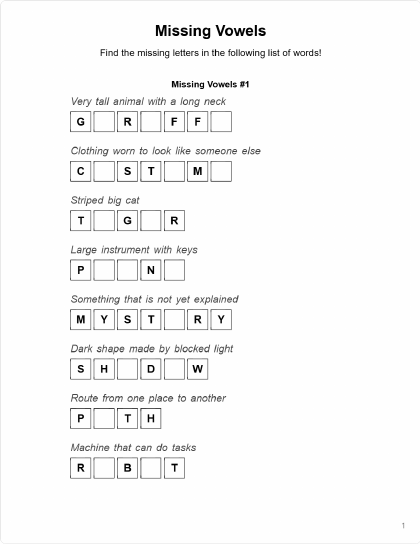 Missing Letters - 8 puzzles PDF preview