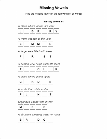 Missing Letters - 1 puzzle PDF preview