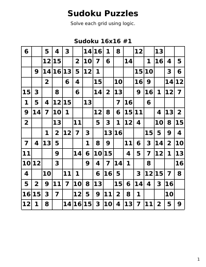 Sudoku 16x16 Easiest Ever - 6 puzzles PDF preview