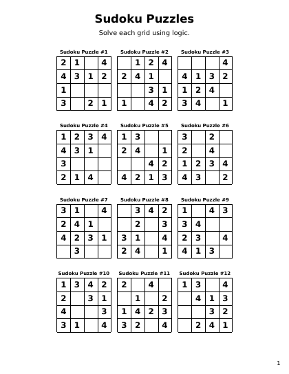 Sudoku 4x4 Easy - 12 puzzles PDF preview