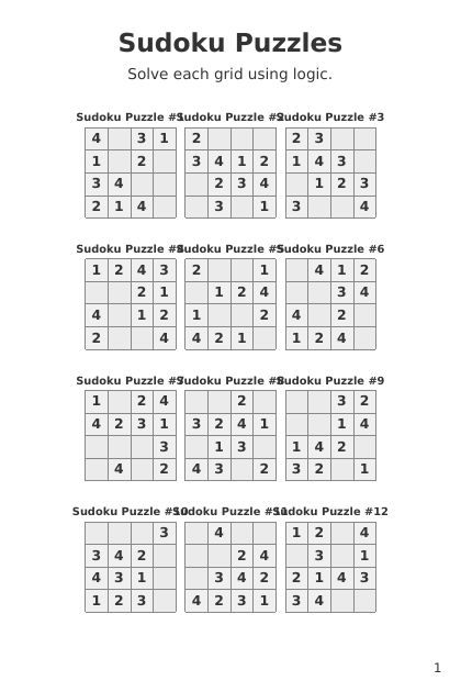 Sudoku 4x4 Easy - 144 puzzles PDF preview