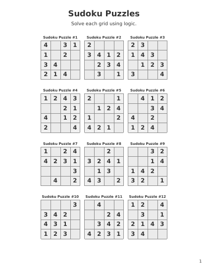Sudoku 4x4 Easy - 144 puzzles PDF preview