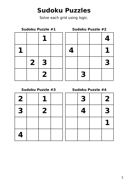 Sudoku 4x4 Hard - 24 puzzles PDF preview