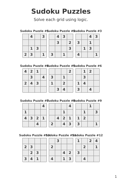 Sudoku 4x4 Medium - 144 puzzles PDF preview