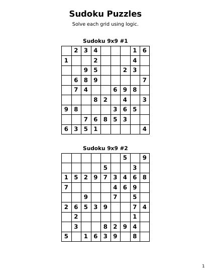 Sudoku 9x9 easyMedium - 64 puzzles PDF preview