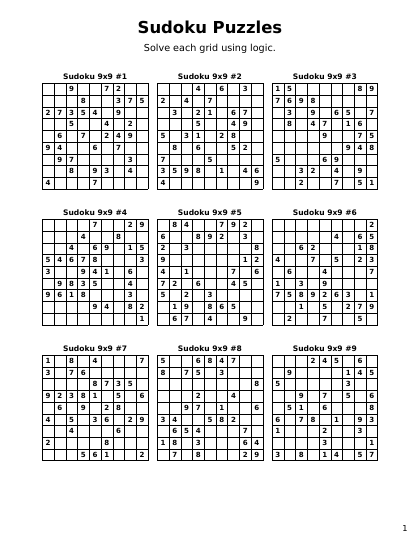 Sudoku 9x9 Medium - 9 puzzles PDF preview