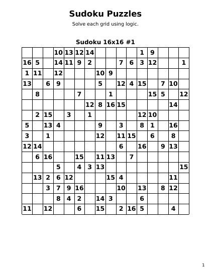 Sudoku 16x16 Medium - 1 puzzle PDF preview