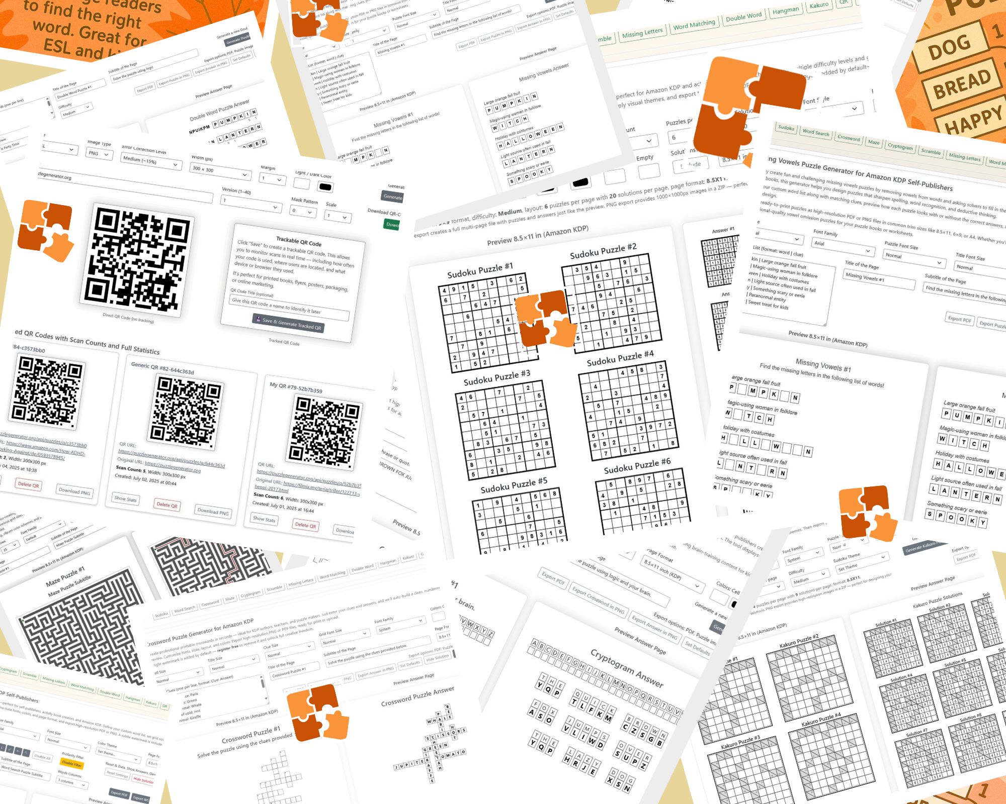 Páginas de puzzles e layouts de livros