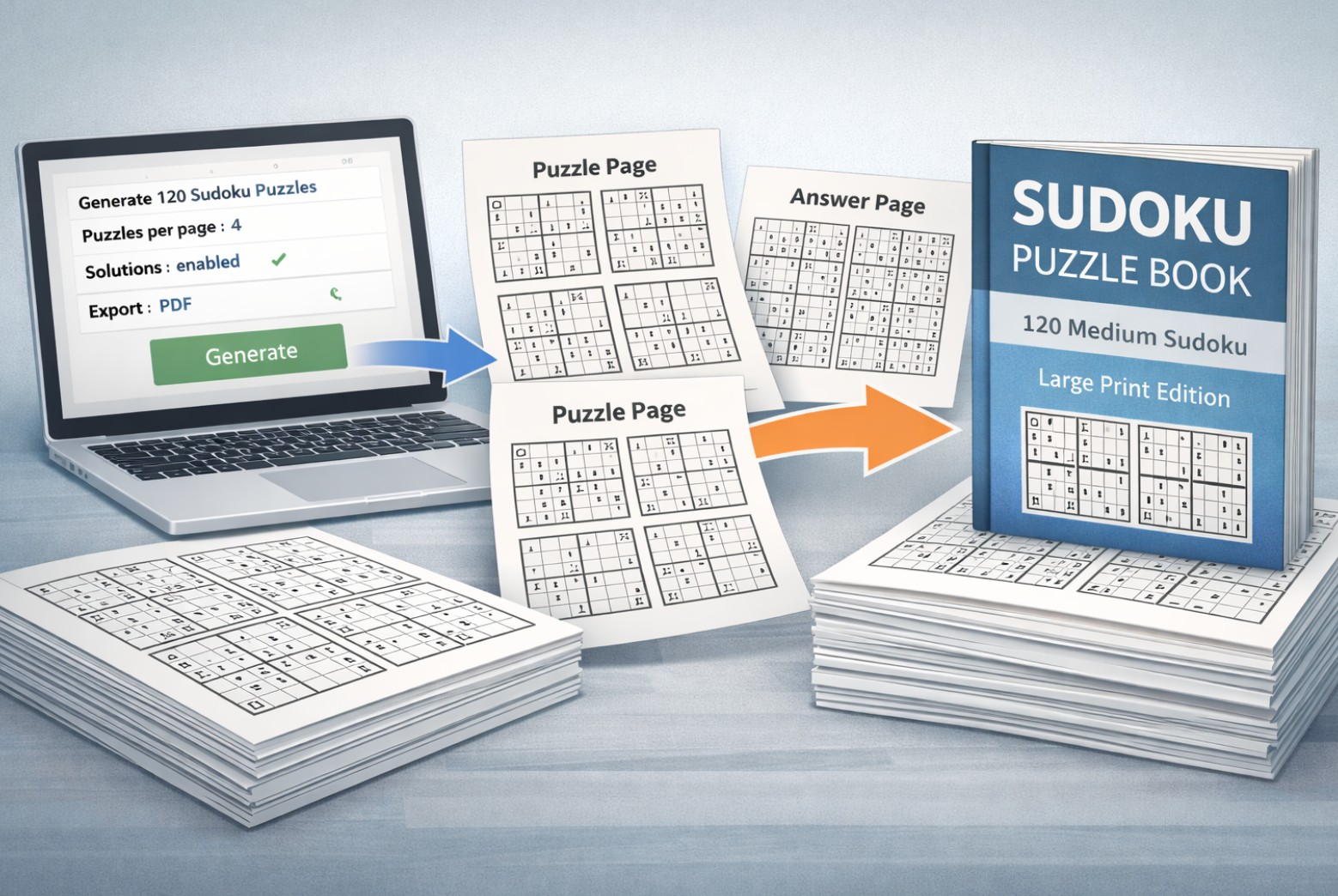 Example of bulk generated Sudoku puzzle pages prepared for a puzzle book interior