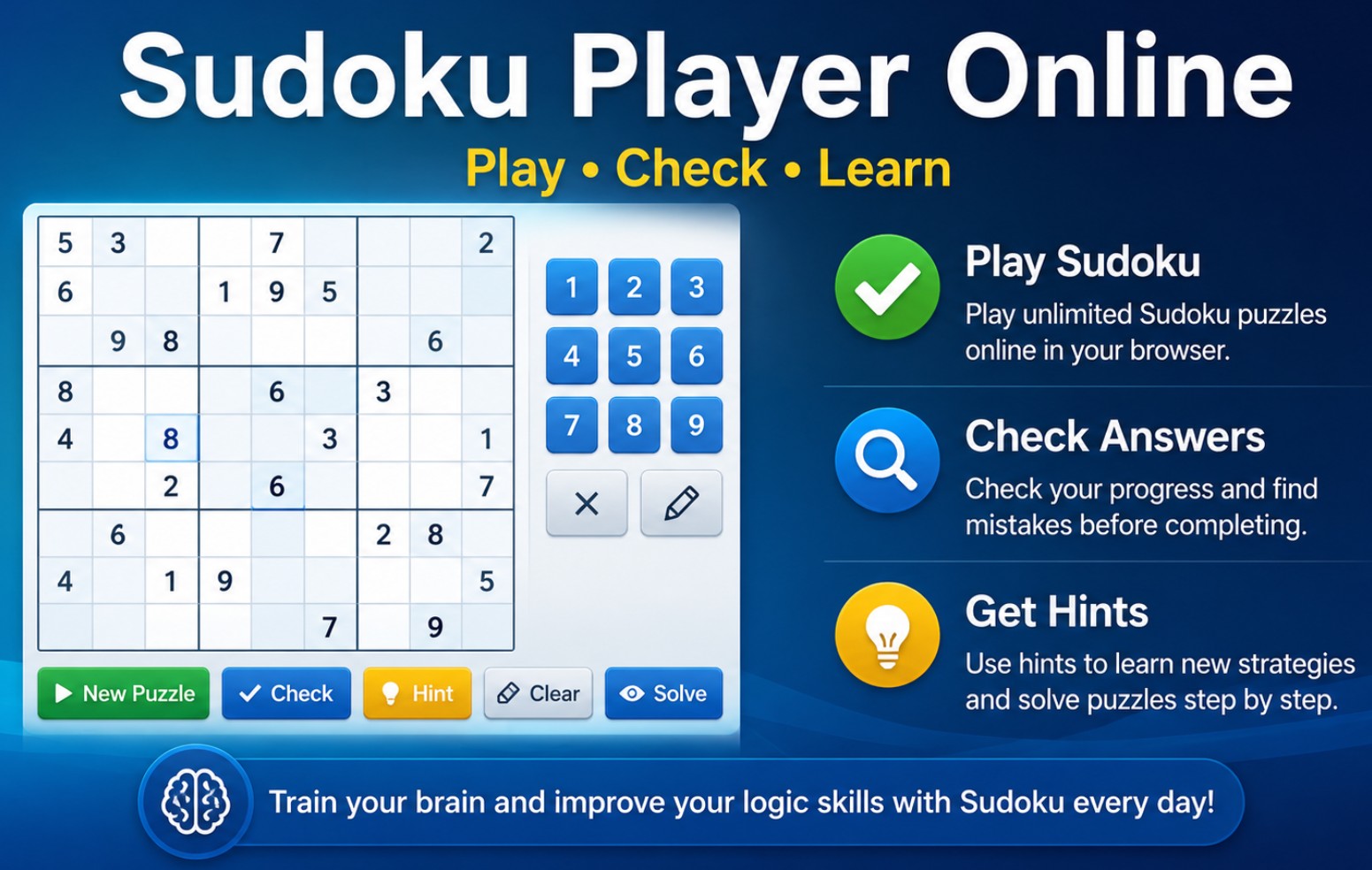 Sudoku player online interface preview with grid, hints, and controls