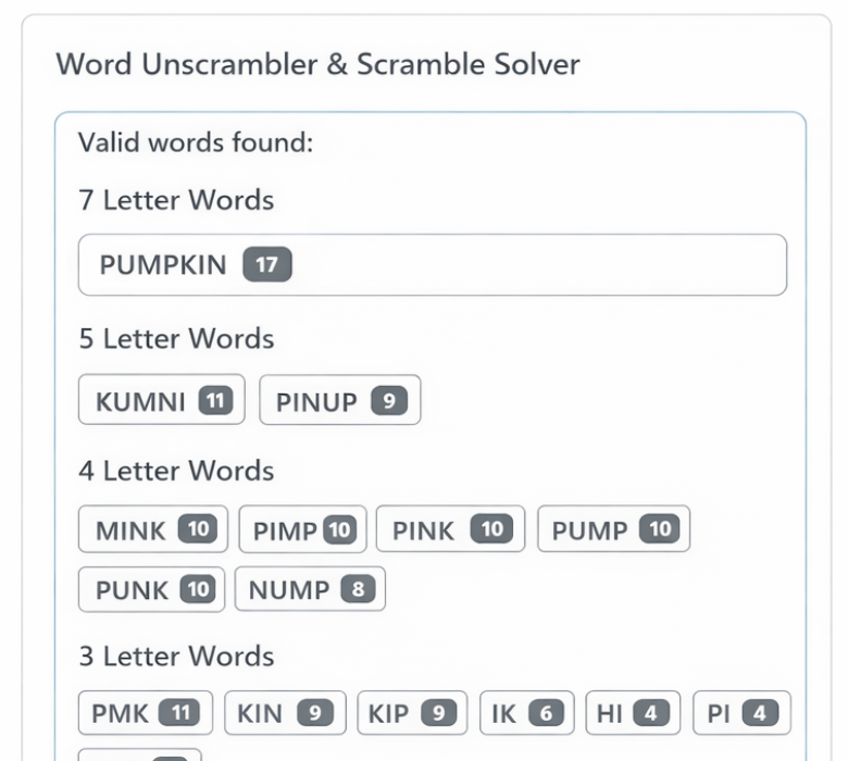 Unscrambled words result example (after)