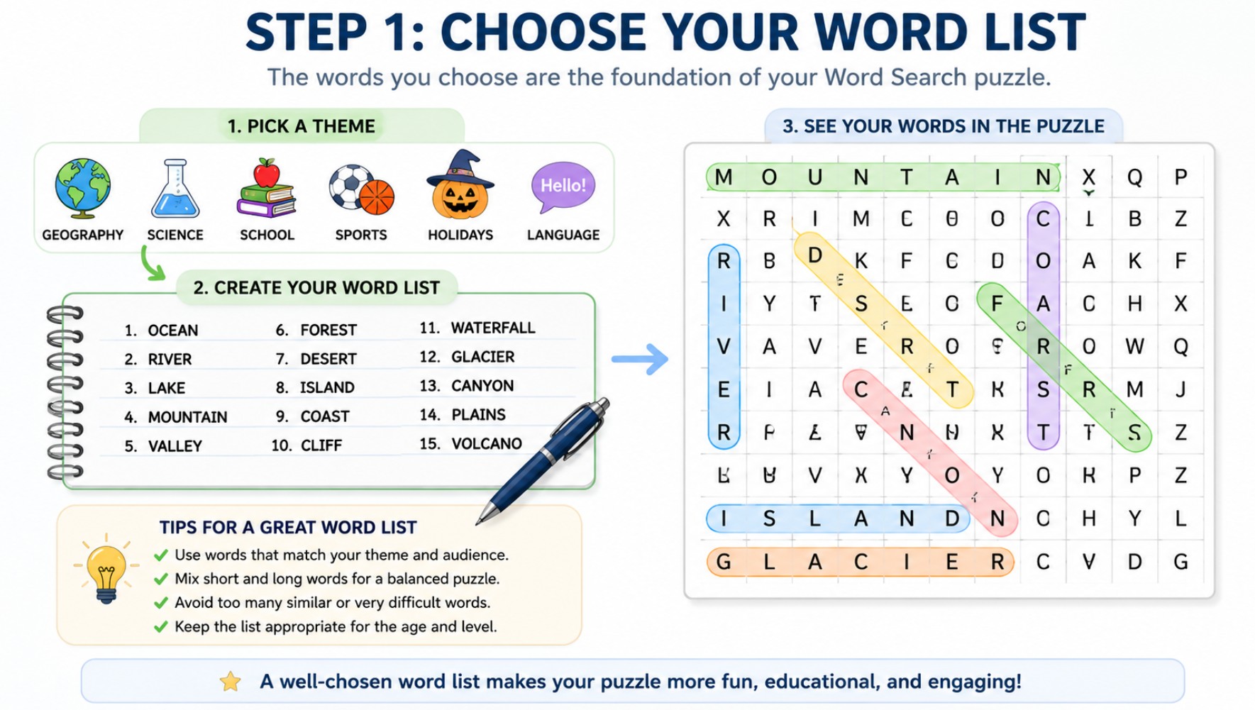 Vocabulary words selected for creating a custom Word Search puzzle