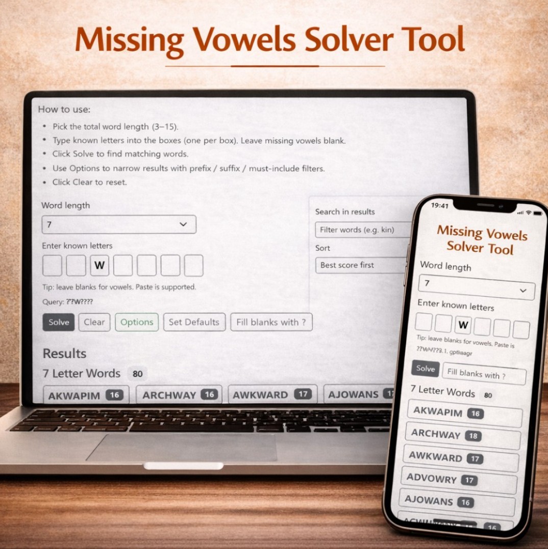 Missing Vowels Solver for Word Puzzles, Worksheets, Vocabulary Practice ...